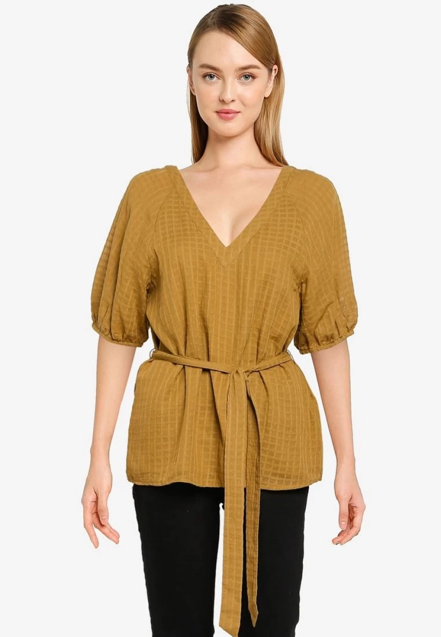 Banana Republic Women's Short Sleeve Puff Sleeve Blouse with Windowpane Pattern
