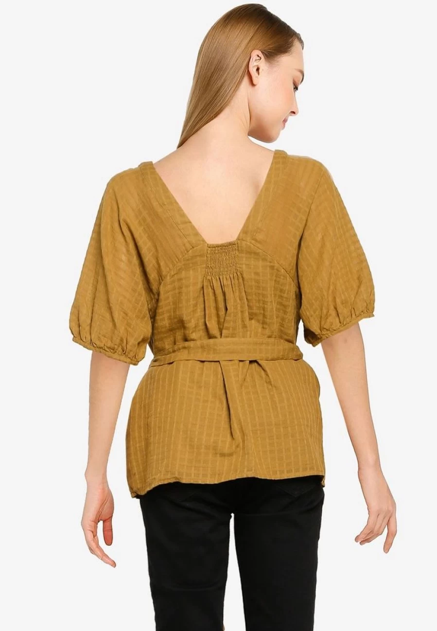 Banana Republic Women's Short Sleeve Puff Sleeve Blouse with Windowpane Pattern