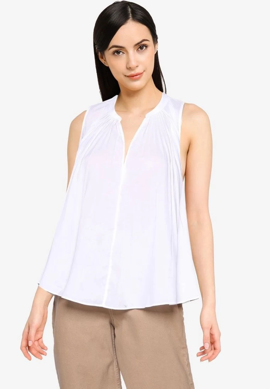 "Elegant Pleated Poplin Blouse with Split Neck Detail"
