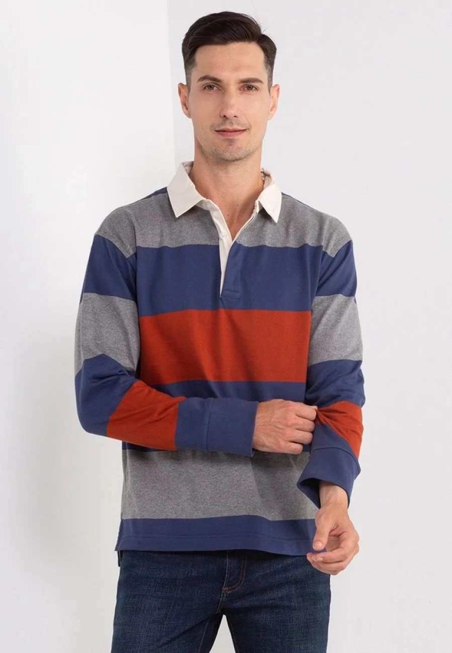 Men's Long Sleeve Rugby Polo Shirt - Heavy Jersey Knit Casual Top
